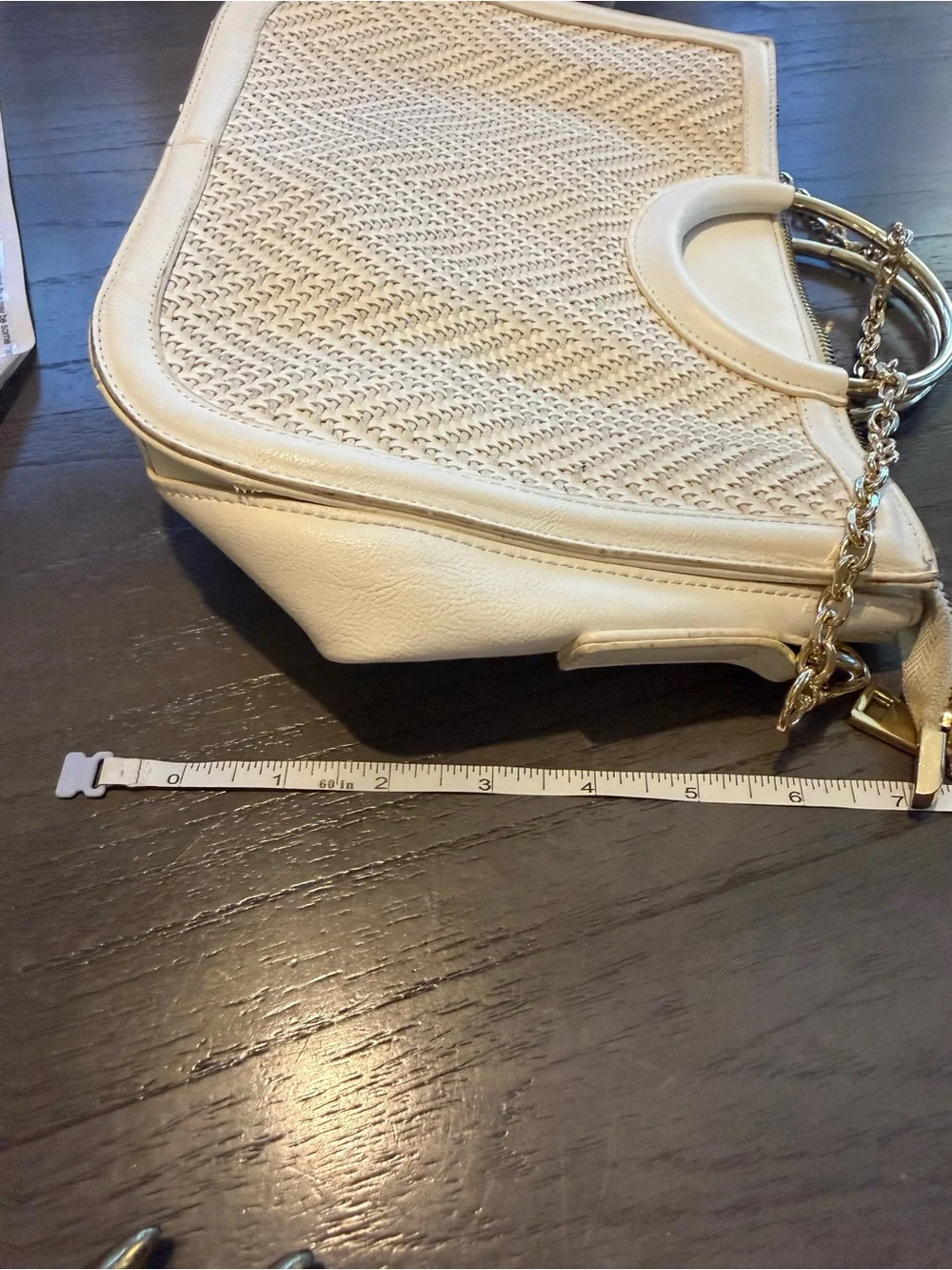 Cream Woven Satchel Crossbody Bag with Gold Ring Handles